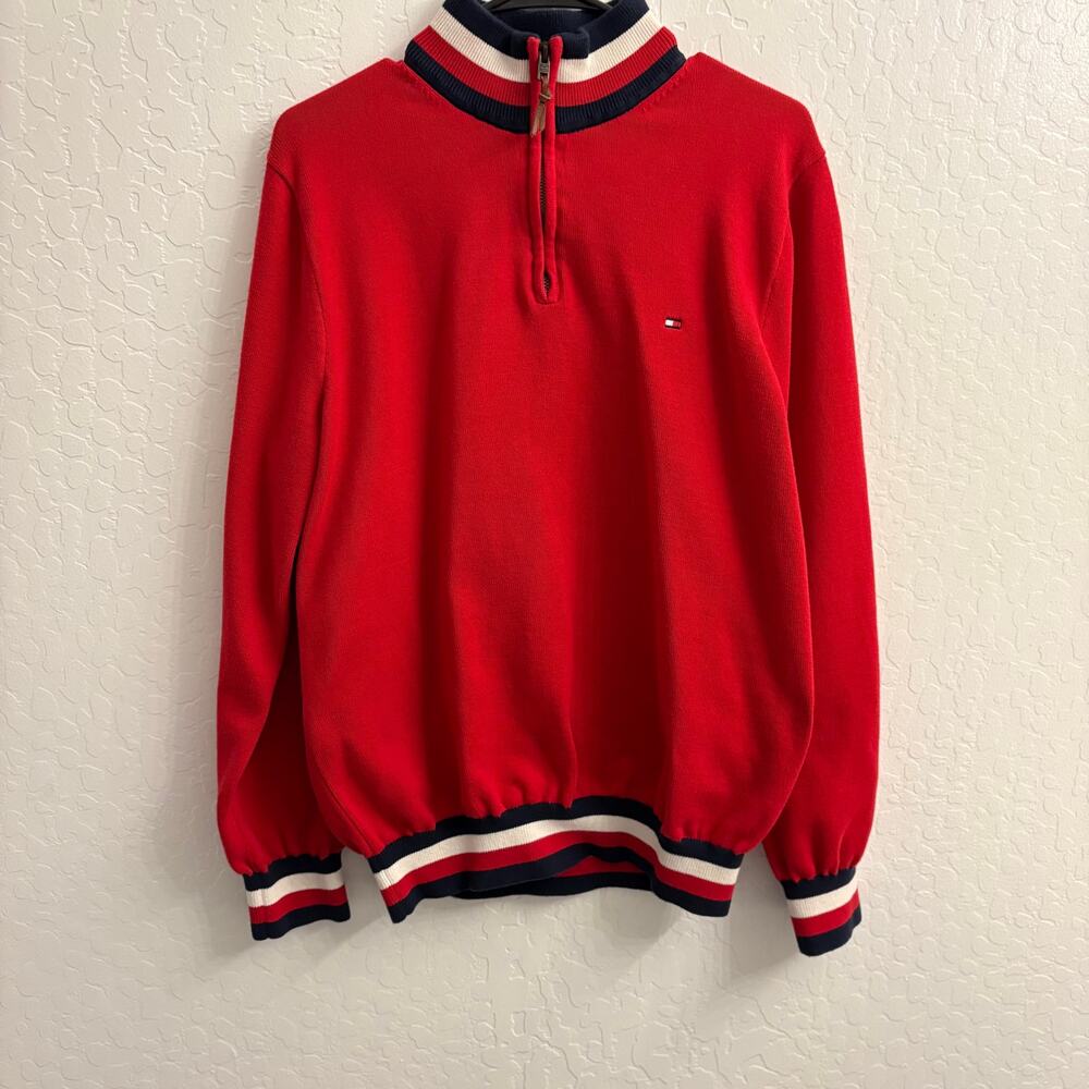 TOMMY HILFIGER Men's Quarter-Zip Sweater Red Cotton L Designer Casual Preppy